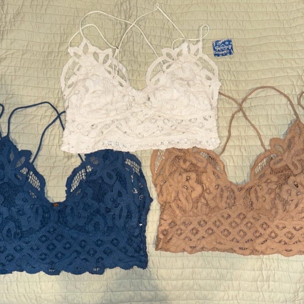 Free people Lace Bralette Trio in White, Blue, and Tan